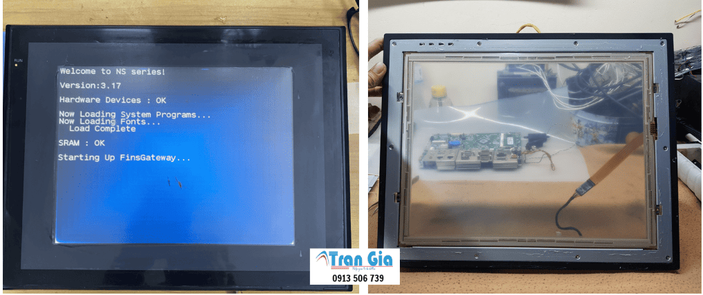 Hình ảnh sửa màn hình HMI đang trong quá trình sửa chữa tại Trần Gia Automation